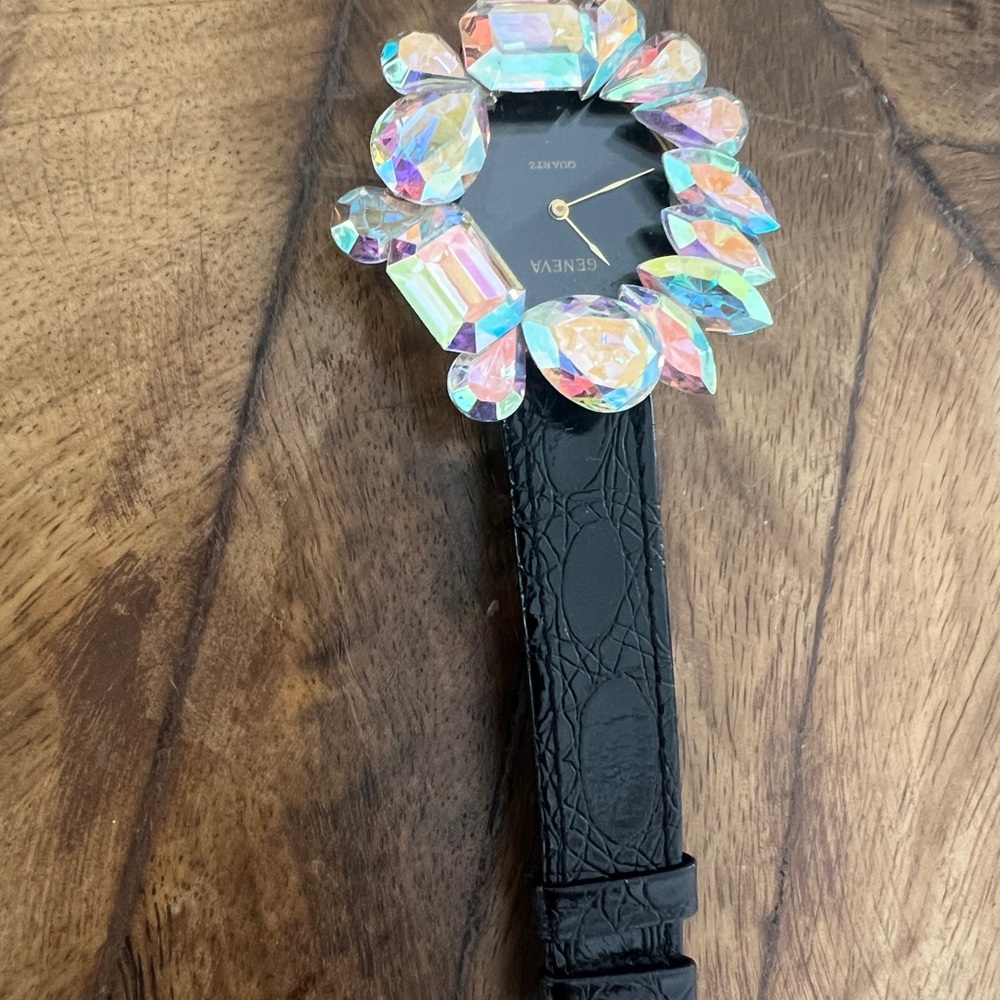 Geneva Black Watch with Iridescent Gemstones